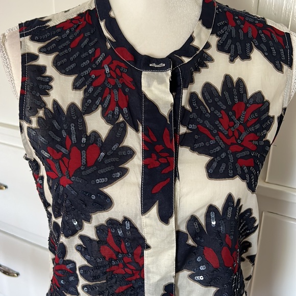 J. Crew sequin tank navy, burgundy, cream sleeveless. Button front. Dressy - Picture 2 of 10